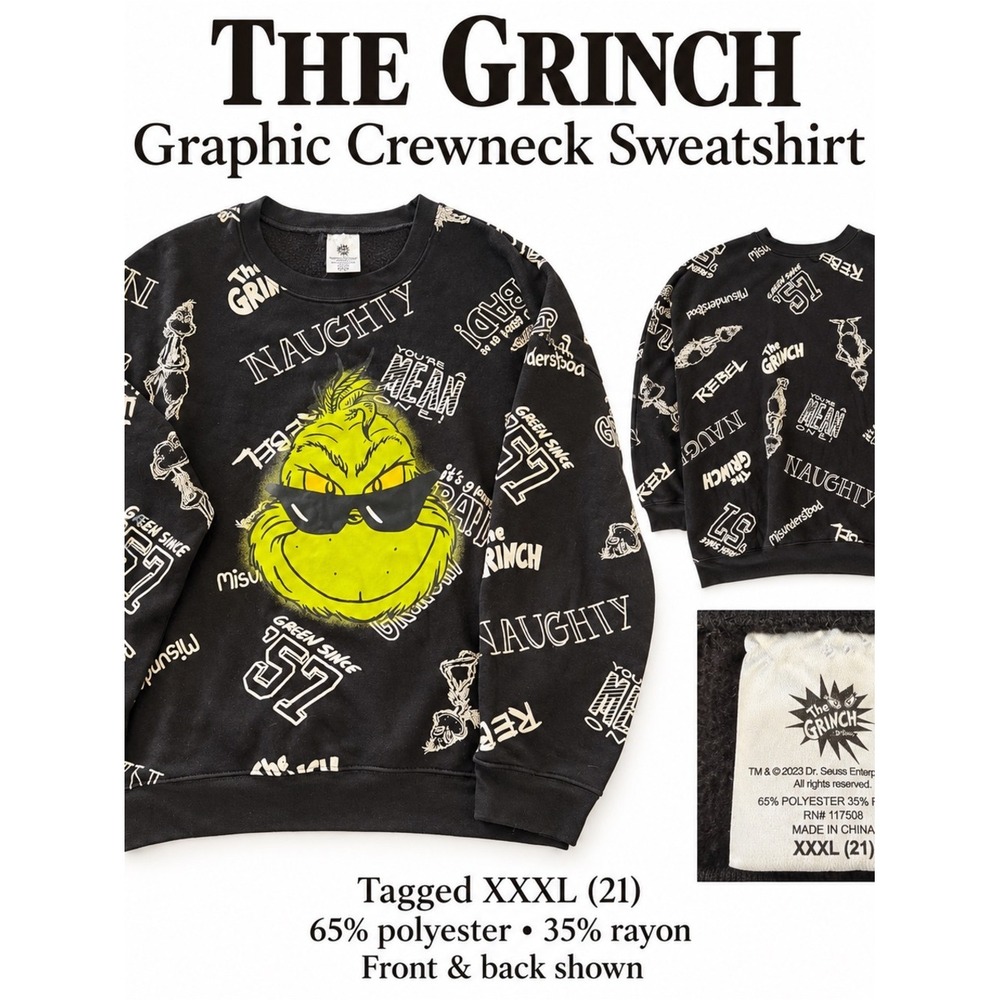 The Grinch Graphic Crewneck Sweatshirt Black All Over Print XXXL 21 Dr Seuss